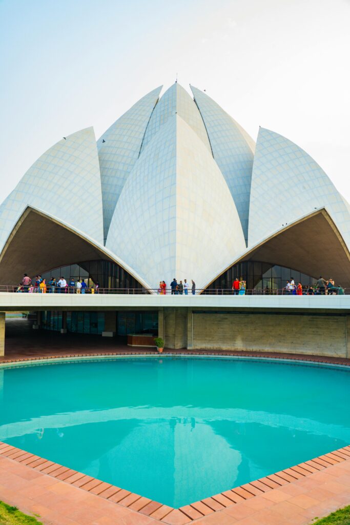 The Lotus Temple, a magnificent white marble Baháʼí House of Worship in New Delhi, India.